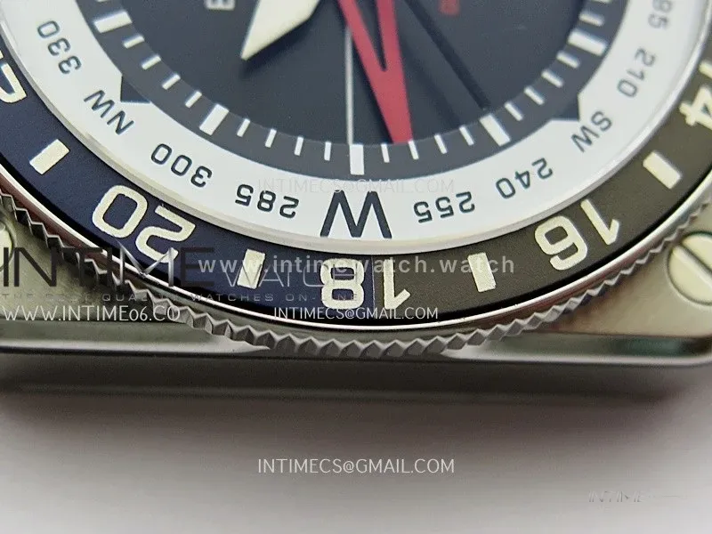 BR03 GMT Compass Blue/Black Bezel SS B12 Best Edition Black Dial 42mm On Black Rubber Strap A2836 (Free Nylon Strap)