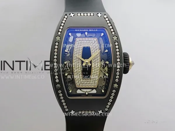 RM07 Real Black Ceramic Diamond Bezel YG ZF Best Edition Black MOP Diamond Skeleton Dial On Black Rubber Strap Asian CRMA2 Clone