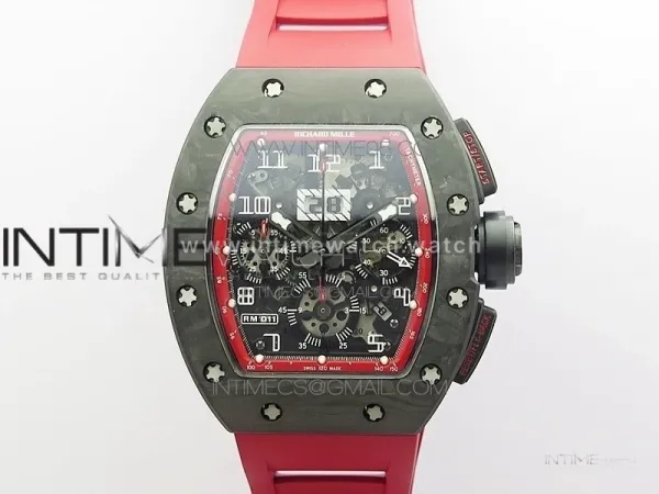 RM011 Carbon Case Carbon Bezel Chronograph KVF 1:1 Best Edition Skeleton Dial(Red Inner Bezel) on Red Rubber Strap A7750