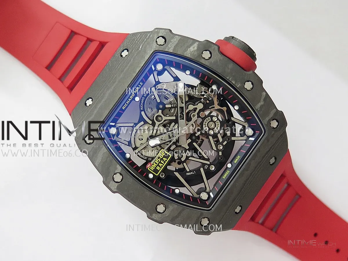 RM035-02 Black NTPT GTF Best Edition Skeleton Dial On Red Rubber Strap RMAL1 Super Clone (Free Sprung)