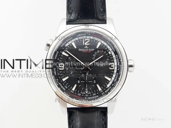 Polaris Geographic TWA SS Black Textured Dial on Black Leather Strap A936