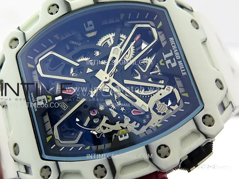 RM035-03 White Carbon/Red Crown Z Factory Skeleton Dial on White Rubber Strap Asian Skeleton movement