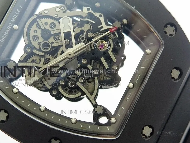 RM055 White Ceramic Case KVF Best Edition Black Ceramic Bezel Skeleton Dial on Black Rubber Strap MIYOTA8215