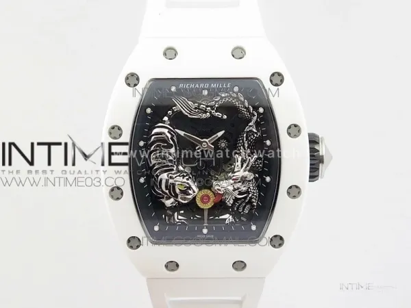 RM051 Real White Ceramic Case KVF Best Edition Skeleton Dial on White Rubber Strap MIYOTA8215