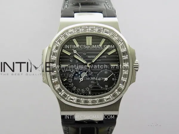 Nautilus 5722G SS/T Diamonds PPF 1:1 Best Edition Blue Dial on Black Leather Strap A240 Super Clone