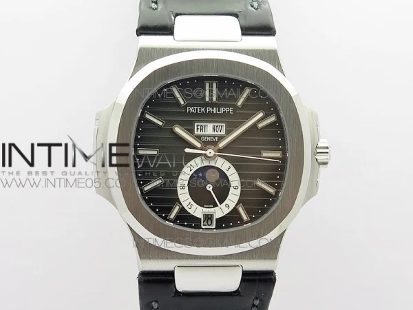 NAUTILUS 5726 SS GRF 1:1 BEST EDITION GRAY DIAL WORKING ANNUAL CALENDARON BLACK LEATHER STARP A.324 V2