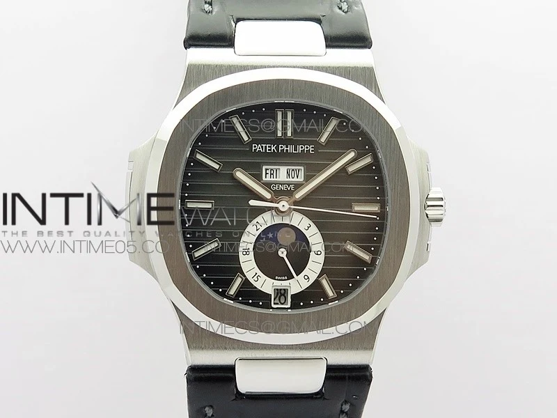 NAUTILUS 5726 SS GRF 1:1 BEST EDITION GRAY DIAL WORKING ANNUAL CALENDARON BLACK LEATHER STARP A.324 V2