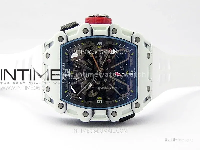 RM035-03 White Carbon/Red Crown Z Factory Skeleton Dial on White Rubber Strap Asian Skeleton movement