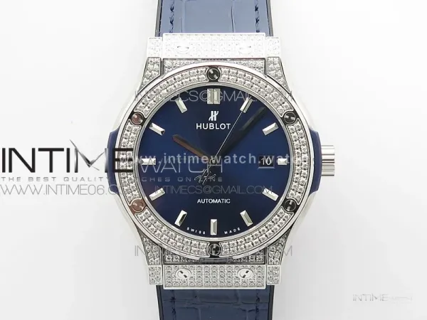 Classic Fusion 42mm SS Paved Diamonds Case/Bezel B50F Blue Dial On Blue Gummy Strap A2892