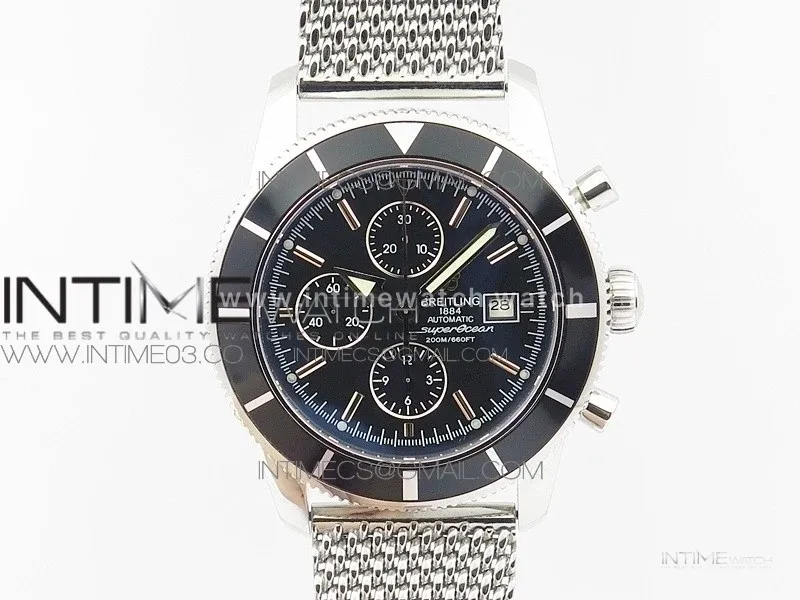 SuperOcean A13312 46mm Black Bezel Black Dial on SS Bracelet A7750