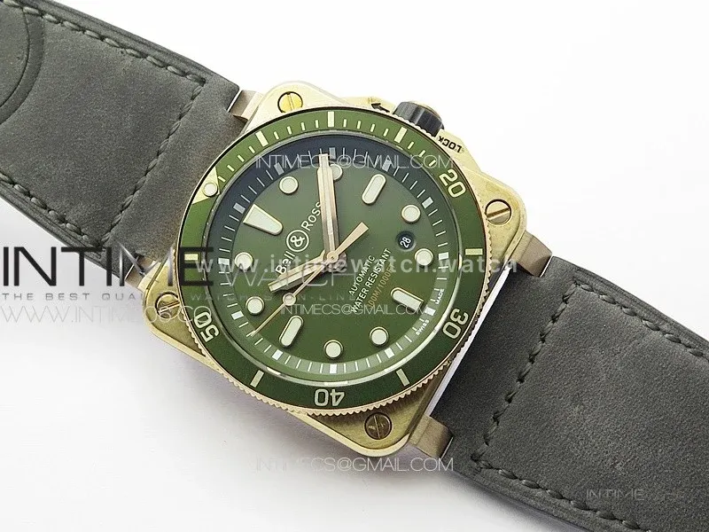 BR 03-92 Diver Ceramic Bezel Bronze B12 1:1 Best Edition Green Dial on Gray Leather Strap A2824 (Free Rubber Strap)