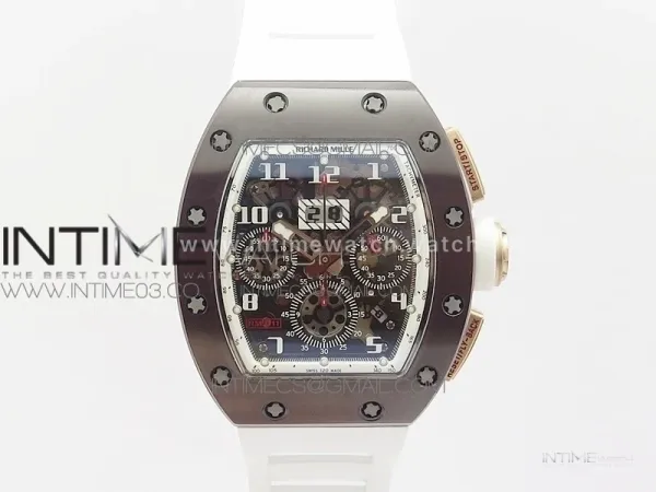 RM011 RG Case Chronograph KVF 1:1 Best Edition Black Ceramic Bezel Skeleton Dial on White Rubber Strap A7750