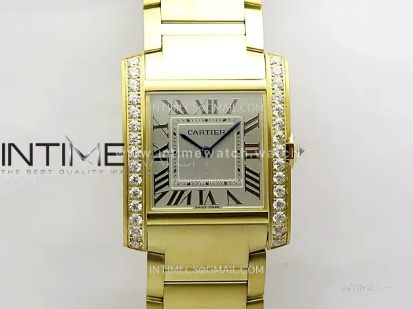 Tank Francaise Ladies 27mm YG/Diamonds Bezel 8848F 1:1 Best Edition Silver Dial on YG Bracelet Ronda Quartz