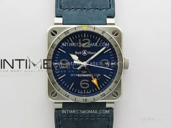 BR03-93 GMT SS B12 Best Edition Blue Dial 42mm On Blue Leather Strap A2836