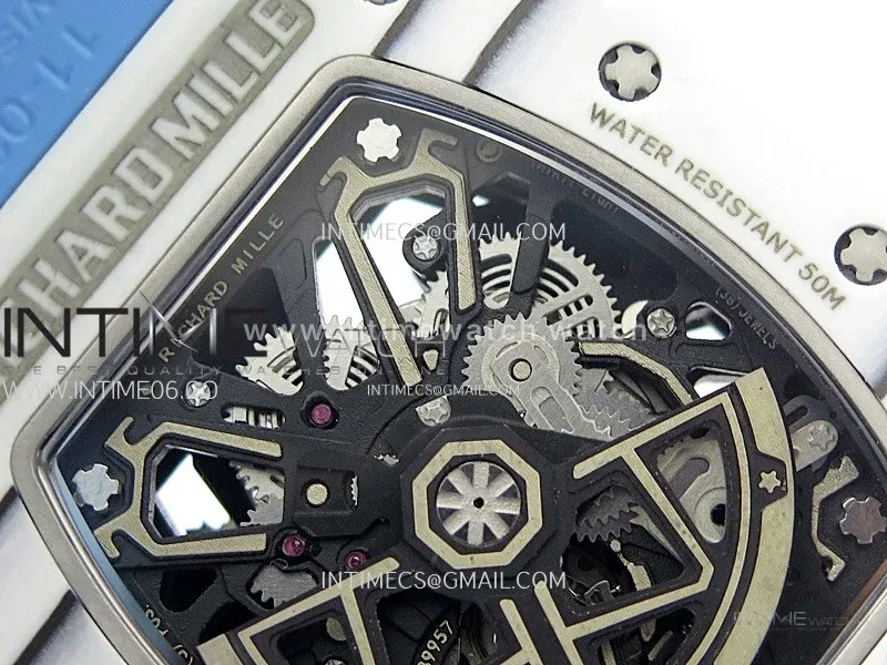 RM035-03 White Carbon/Blue Crown Z Factory Skeleton Dial on Blue Rubber Strap Asian Skeleton movement