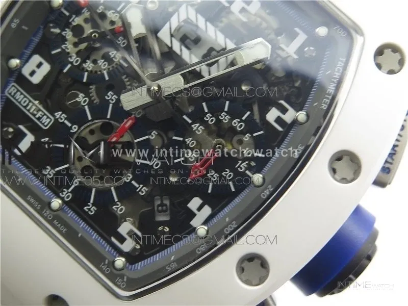 RM011 Real White Ceramic Chronograph KVF 1:1 Best Edition Crystal Skeleton Dial Blue on White Rubber Strap A7750