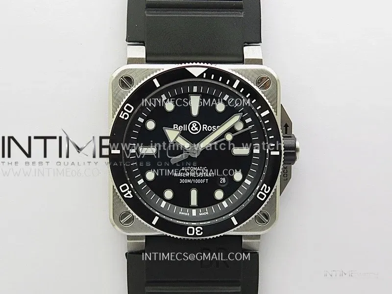 BR 03-92 Diver Black Ceramic Bezel SS B12 1:1 Best Edition Black Dial on Black Rubber Strap A2824 (Free Nylon Strap)