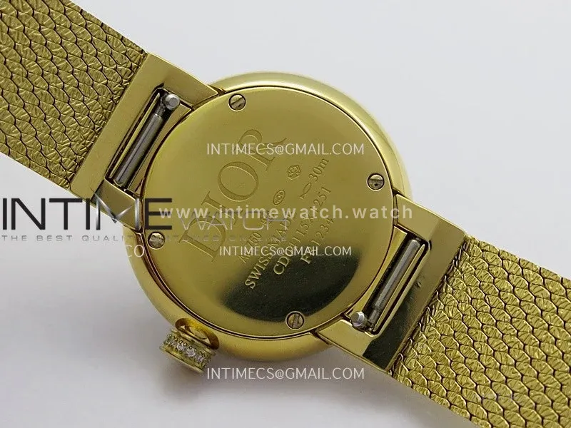 La D de Dior Satine 25mm Diamond Bezel YG 8848F 1:1 Best Edition Gold Dial On YG bracelet Swiss Quartz