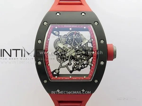 RM055 Black Ceramic Red Inner RMF Best Edition Skeleton Dial On Red Rubber Strap RMUL2 Super Clone