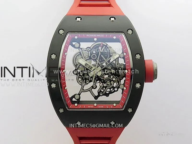 RM055 Black Ceramic Red Inner RMF Best Edition Skeleton Dial On Red Rubber Strap RMUL2 Super Clone