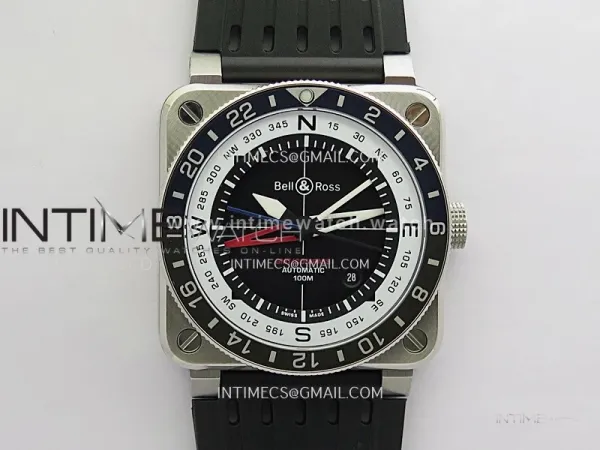 BR03 GMT Compass Blue/Black Bezel SS B12 Black Dial 42mm On Black Perforated Rubber Strap A2836 (Free Nylon Strap)