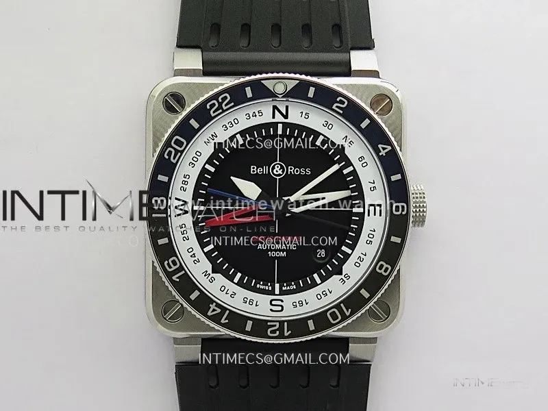 BR03 GMT Compass Blue/Black Bezel SS B12 Black Dial 42mm On Black Perforated Rubber Strap A2836 (Free Nylon Strap)