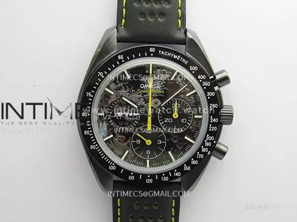 Speedmaster 44mm Ceramic SMF 1:1 Best Edition Black Skeleton Dial Yellow Hands On Black Leather Strap A3869 (Free Strap)