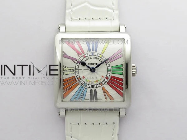 Master Square SS Ladies ZF 1:1 Best Edition White Colorful Roman Dial on White Leather Strap Ronda Quartz
