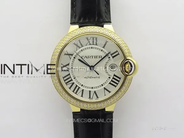 Ballon Bleu 42mm Double Diamonds Bezel RG 3KF 1:1 Best Edition White Texture Dial on Black Leather Strap A2824