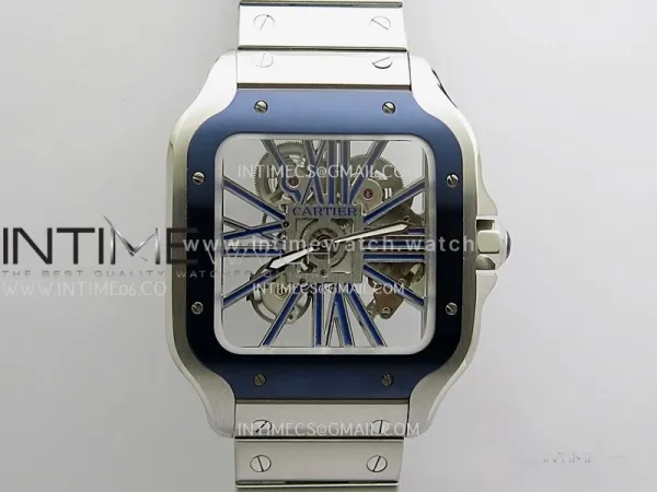 Santos de Cartier Skeleton SS MLF Skeleton Blue Skeleton Dial Blue Bezel on SS SmartLink Bracelet 9611MC Super Clone