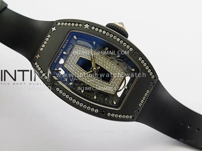 RM07 Real Black Ceramic Diamond Bezel YG ZF Best Edition Black MOP Diamond Skeleton Dial On Black Rubber Strap Asian CRMA2 Clone