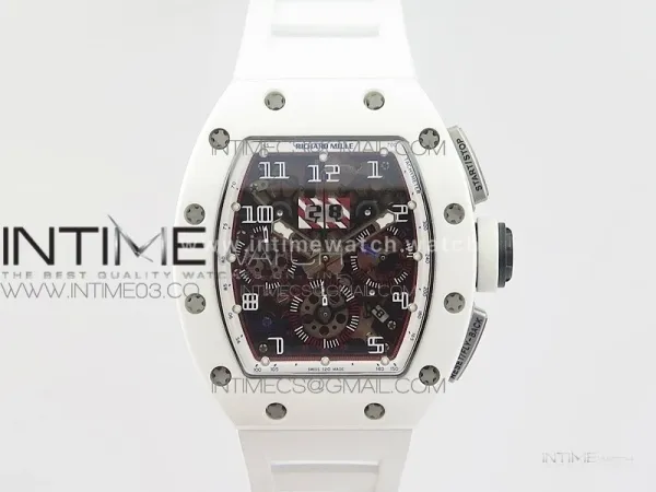 RM011 Carbon Case (Blue markers) Chronograph KVF 1:1 Best Edition White Ceramic Bezel Skeleton Dial on White Rubber Strap A7750