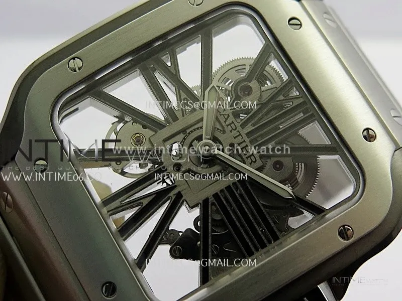 Santos Skeleton Black PVD Case RICH 1:1 Skeleton Black Dial On SS SmartLink Bracelet 9611MC Super Clone (Free Leather Strap)