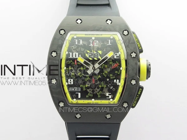 RM12-1 Real Tourbillon Forge Carbon KVF Best Edition Skeleton Dial Yellow inner bezel on Black Rubber Strap
