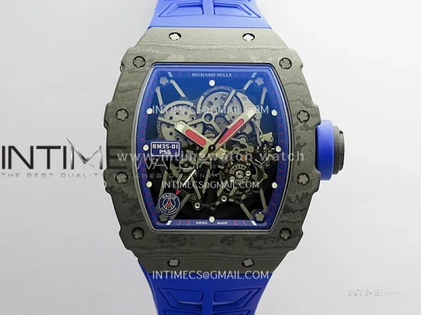 RM035-01 Paris Black Carbon ZF Best Edition Skeleton Dial On Blue Rubber Strap Super Clone RMUL1