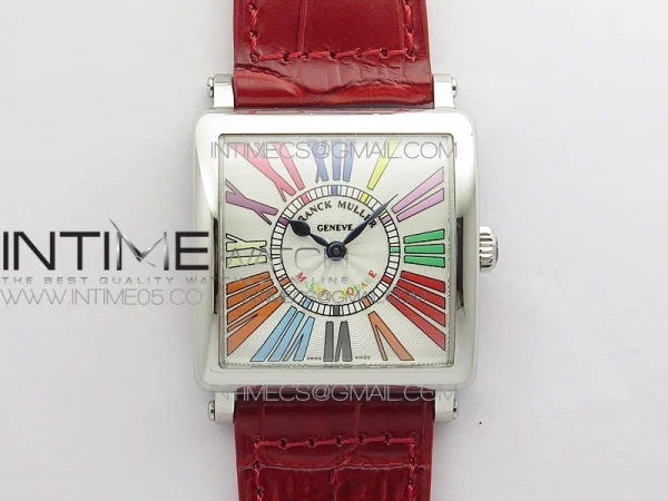 Master Square SS Ladies ZF 1:1 Best Edition White Colorful Roman Dial on Red Leather Strap Ronda Quartz