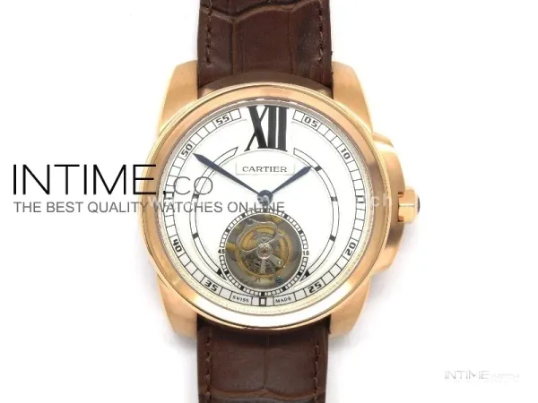 Calibre de RG Tourbillon White Dial on Brown Leather Strap