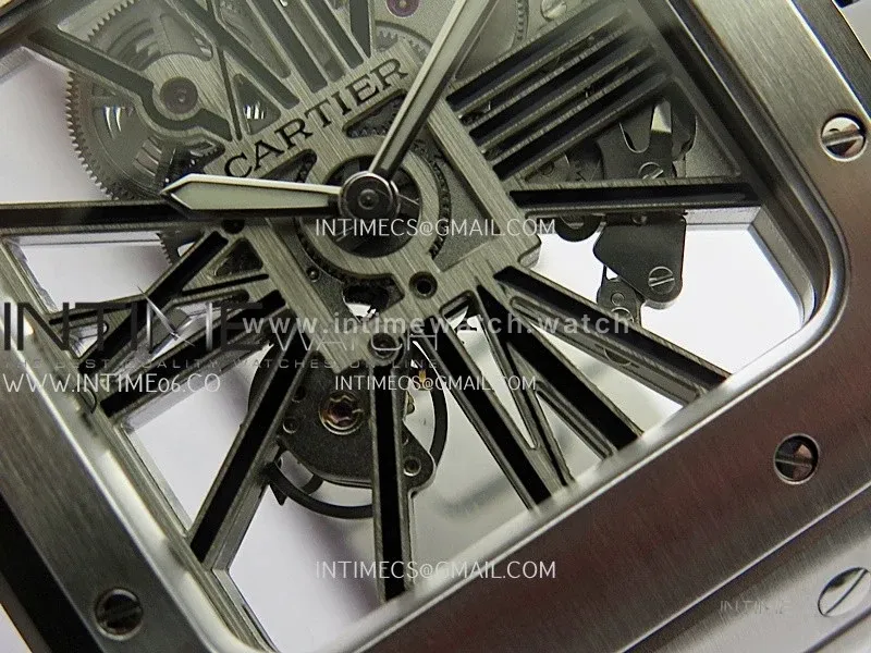 Santos Skeleton Black PVD Case RICH 1:1 Skeleton Black Dial On SS SmartLink Bracelet 9611MC Super Clone (Free Leather Strap)