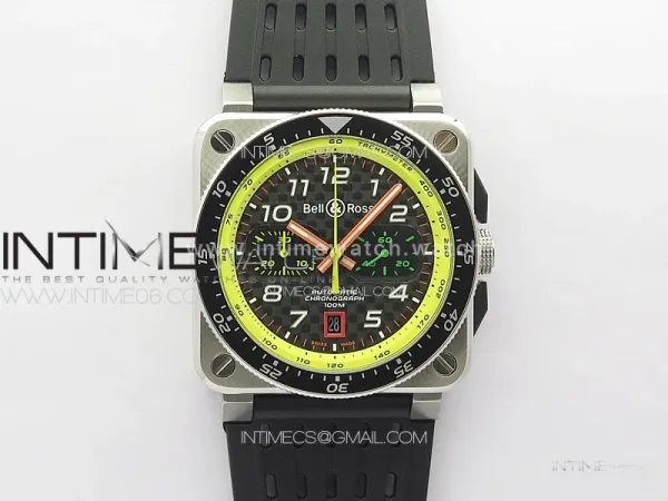BR 03-94 Chrono Yellow Inner SS B50 Black Dial on Black Rubber Strap A7750 (Free Nylon Strap)