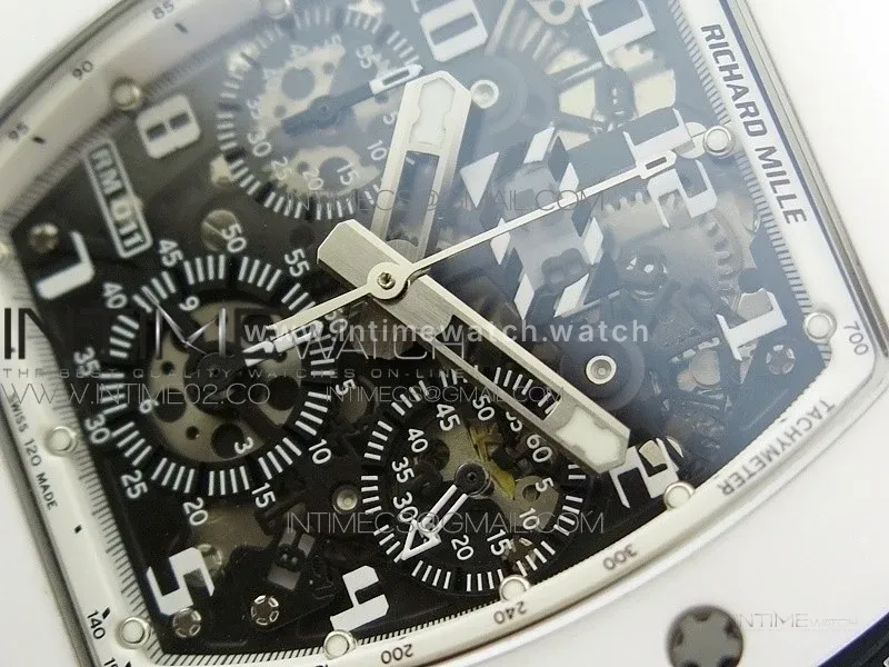 RM011 Carbon Case Chronograph KVF 1:1 Best Edition White Ceramic Bezel Skeleton Dial on White Rubber Strap A7750