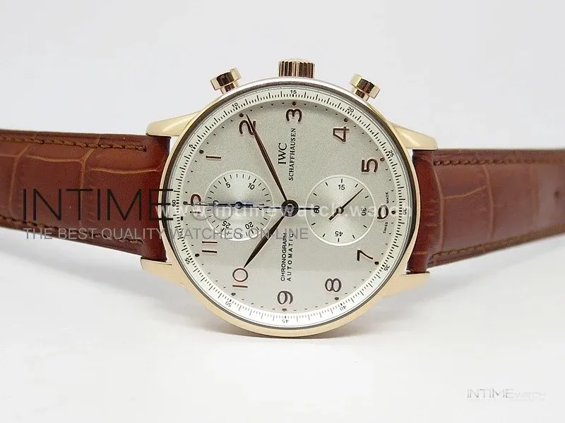 Portuguese 40mm Chrono RG White Dial on Leather Strap A7750