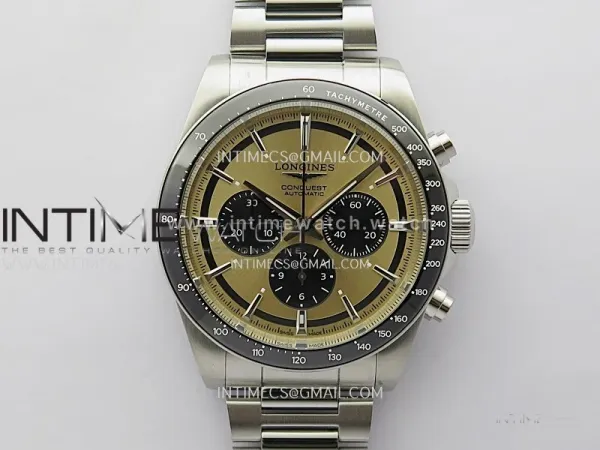 Conquest Chronograph 42mm Black Ceramic Bezel SS AF 1:1 Best Edition Brown Dial On SS Bracelet A7750
