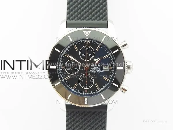 Super Ocean Heritage Brown Ceramic Bezel SS Black Dial on Black Rubber Strap A7750