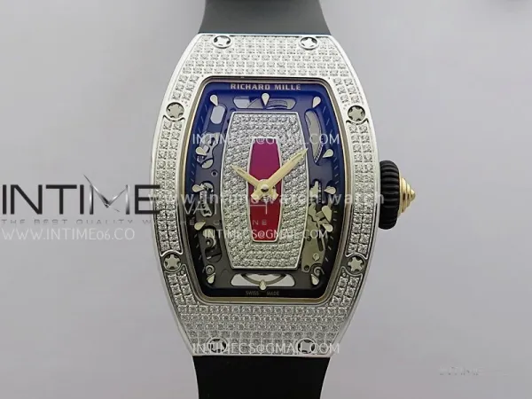 RM07 Full Paved Diamonds SS ZF Best Edition Red Diamond Skeleton Dial On Black Rubber Strap Asian CRMA2 Clone
