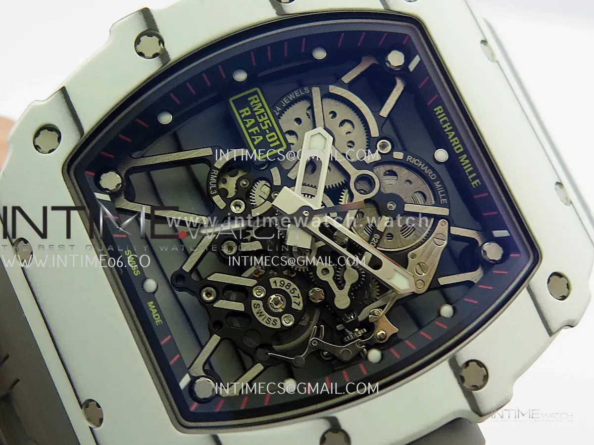 RM035-01 White Carbon GTF Best Edition Skeleton Dial On Gray Rubber Strap Super Clone RMUL2 (Free Sprung)