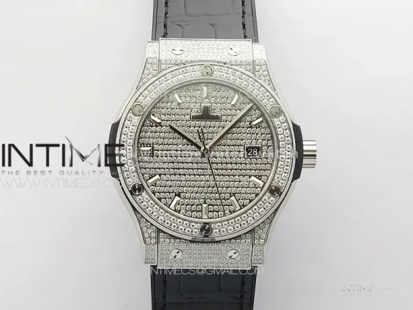 Classic Fusion 42mm SS Paved Diamonds Case And Bezel B50F Paved Diamonds Dial On Black Gummy Strap A2892