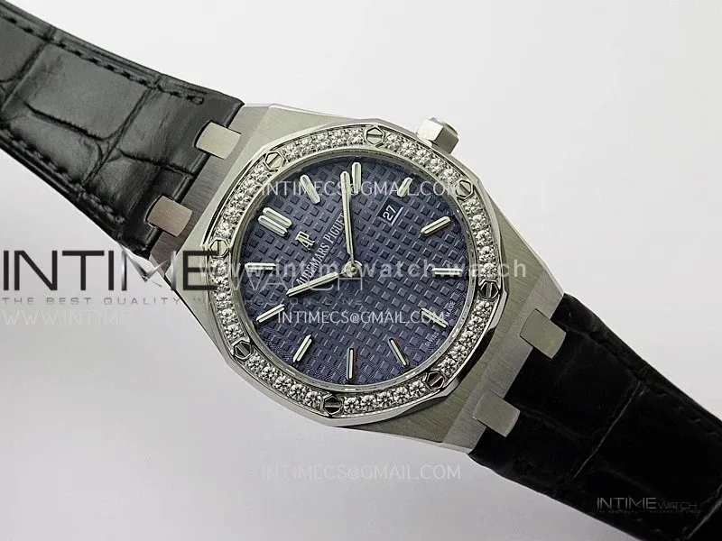 Lady Royal Oak 33mm 67651 SS/Diamond Bezel A7F 1:1 Blue Textured Dial On Black Croco Leather Strap Ronda Quartz to AP Cal.2713