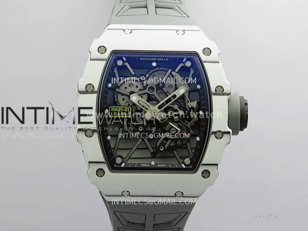 RM035-01 White Carbon GTF Best Edition Skeleton Dial On Gray Rubber Strap Super Clone RMUL2 (Free Sprung)
