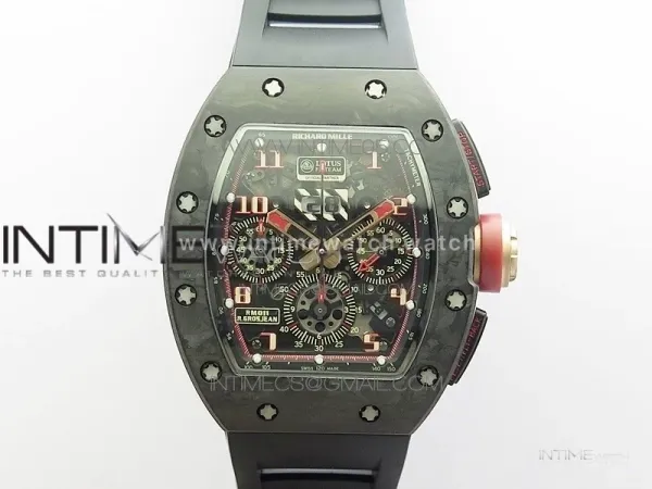 RM011 Carbon Case Carbon Bezel Chronograph KVF 1:1 Best Edition Skeleton Dial Red/RG on Black Rubber Strap A7750