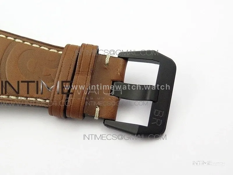 BR 03-94 Chrono PVD Black Dial Yellow Markers on Brown Leather Strap A7750 (Free Nylon Strap)